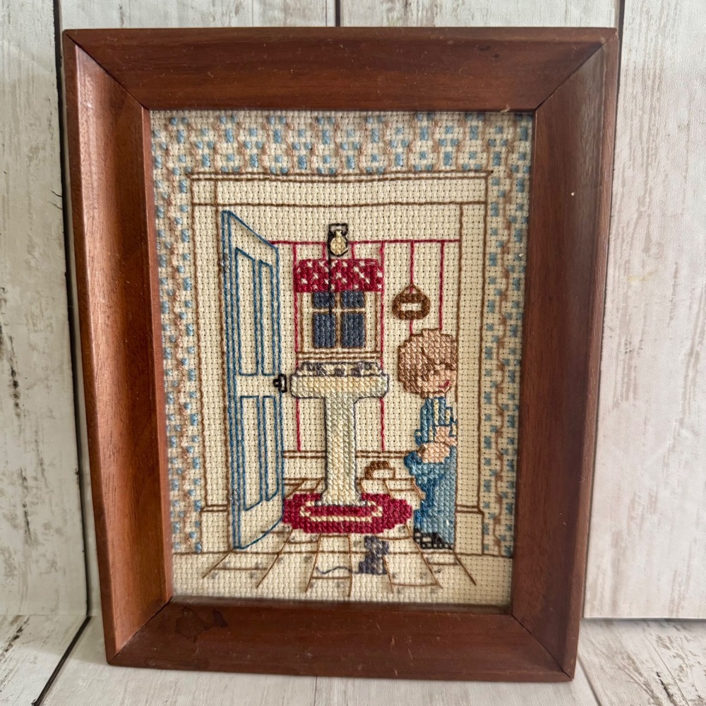 Vintage Framed Cross Stitch Wall Art Boy in Bathroom Cottagecore Wood Frame